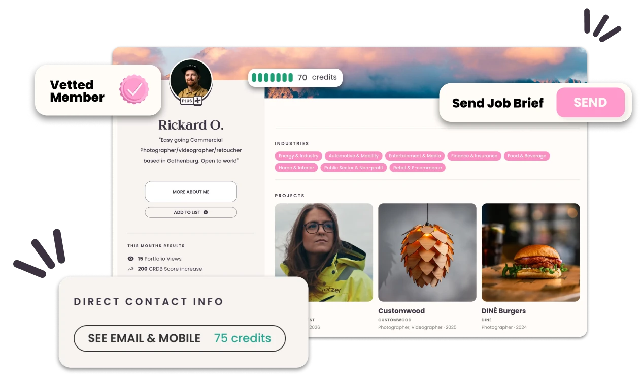 A creative's profile with a Vetted Member badge and a Send Job Brief button, and a Direct contact info panel offering their email and mobile for credits.